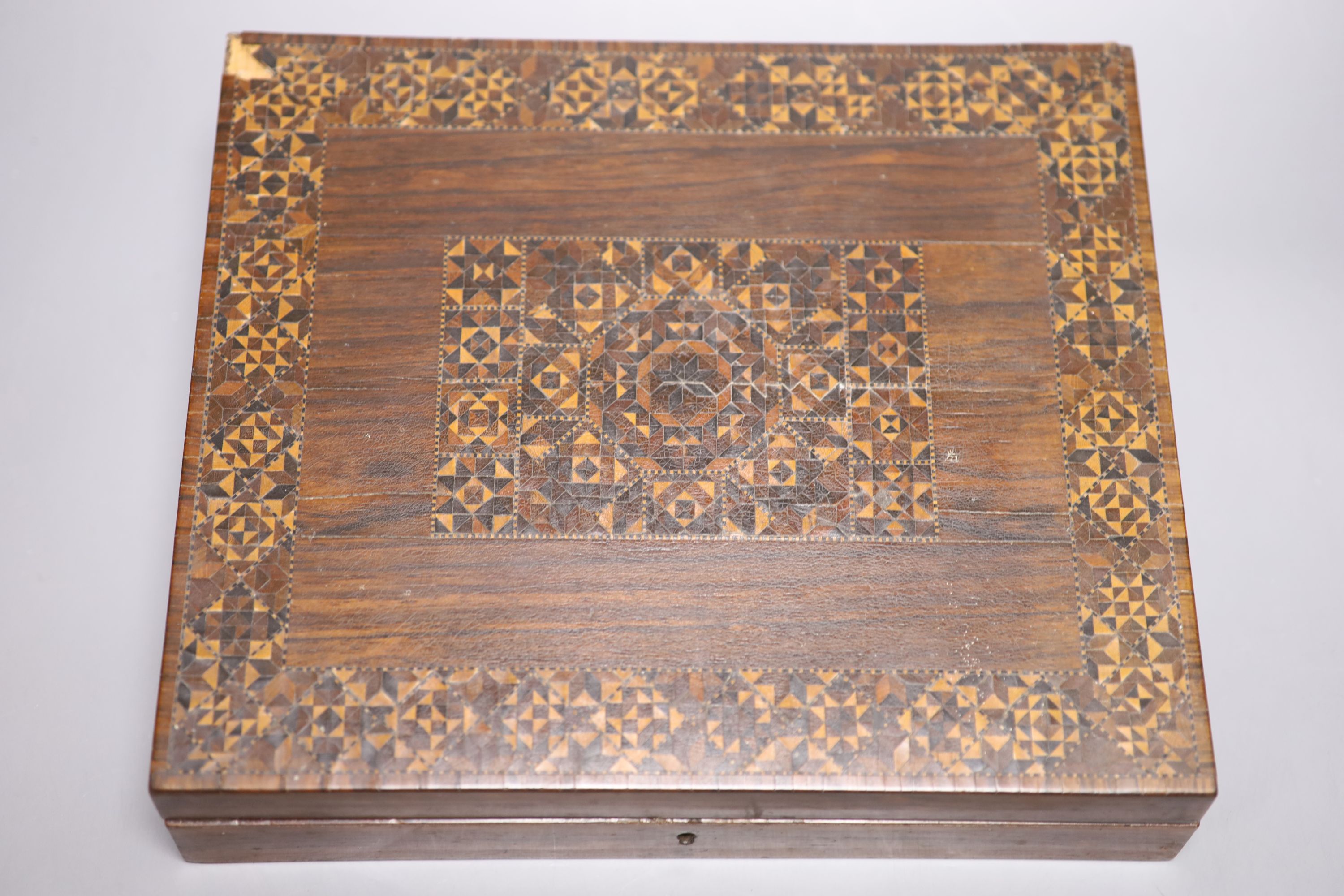 A mid 19th century Tunbridge ware rosewood half square mosaic writing slope, 28cm wide